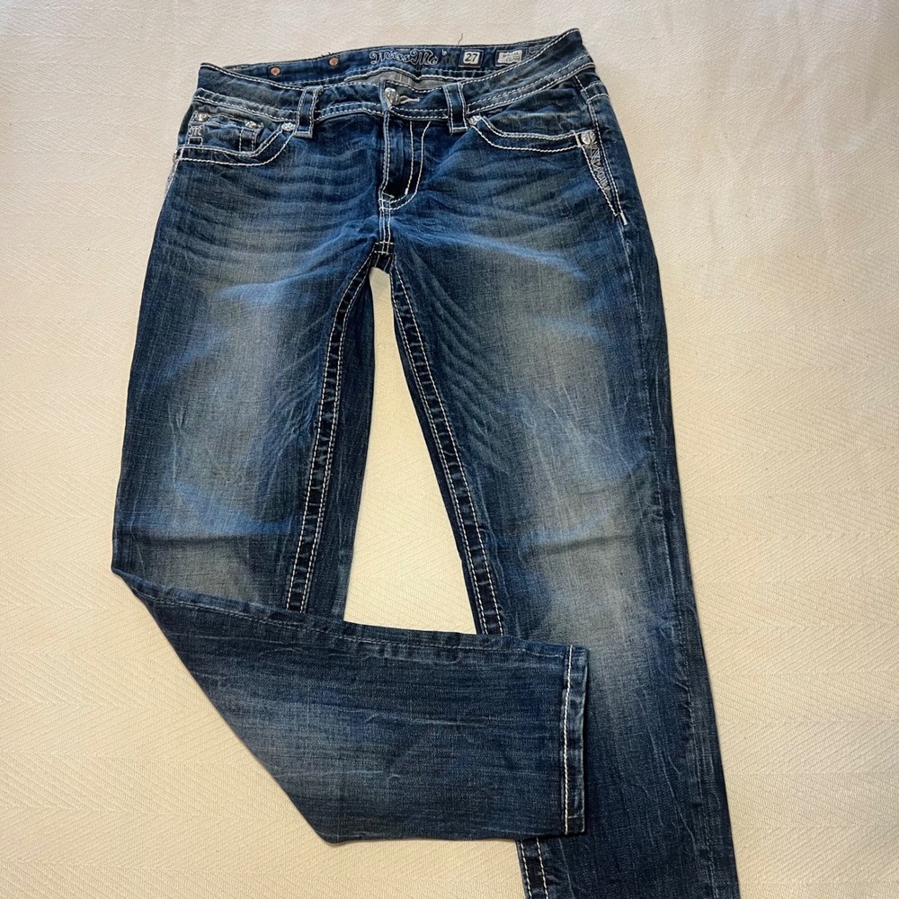 Miss Me Easy Skinny Y2K 2000s Dark Wash Thick Stitch Low Rise Size 27 - Picture 2 of 10